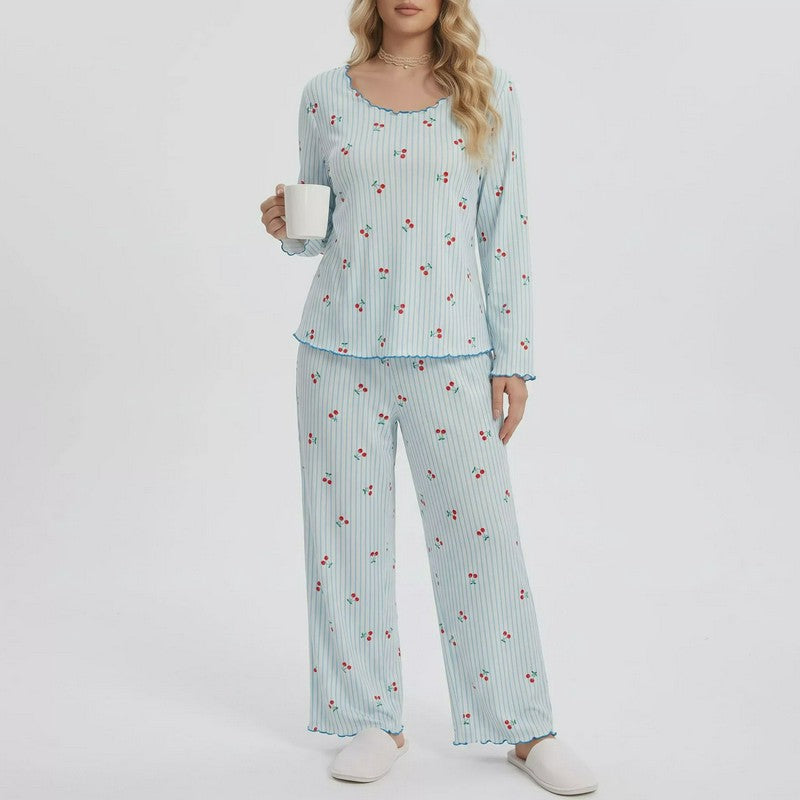 Ensemble pyjama à manches longues à rayures cerises - Bleu - 4XL - image 0