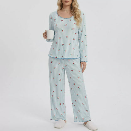 Ensemble pyjama à manches longues à rayures cerises - Bleu - 4XL - image 0