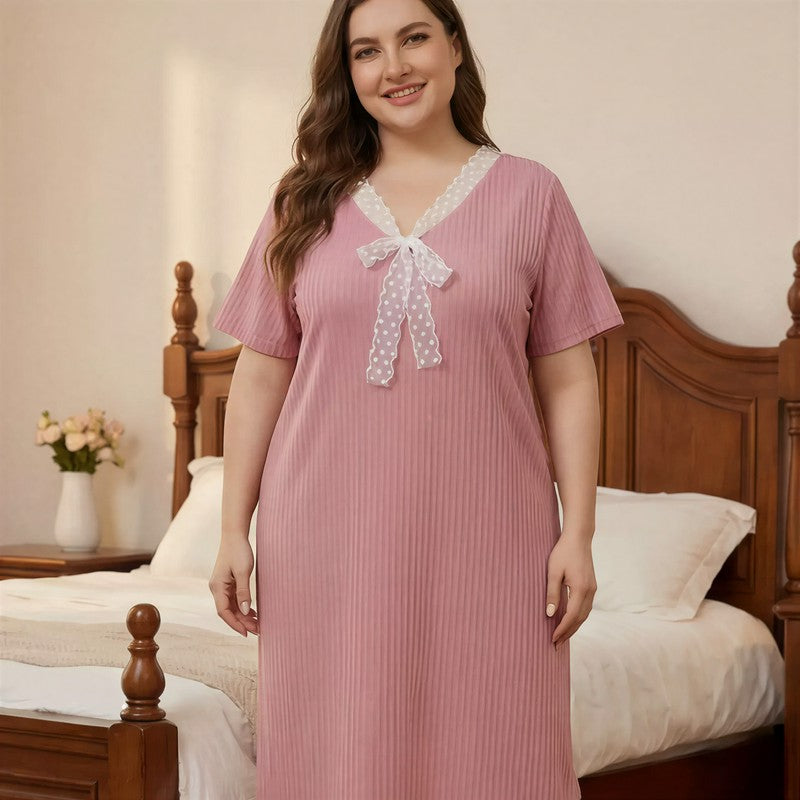 Nuisette côtelée à nœud en dentelle - Rose - 4XL - image 0