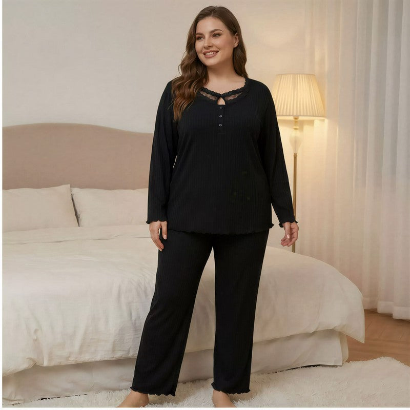 Ensemble pyjama en dentelle unie - Noir - 4XL - image 0