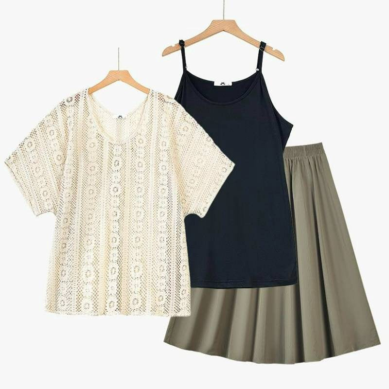 Ensemble trois pièces débardeur en dentelle et jupe midi - Ensemble de 3 pièces (noir) - 6XL - image 0