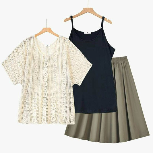 Ensemble trois pièces débardeur en dentelle et jupe midi - Ensemble de 3 pièces (noir) - 6XL - image 0