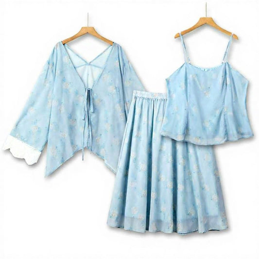 Ensemble jupe trois pièces à bordure en dentelle florale - Bleu clair - 6XL - image 0