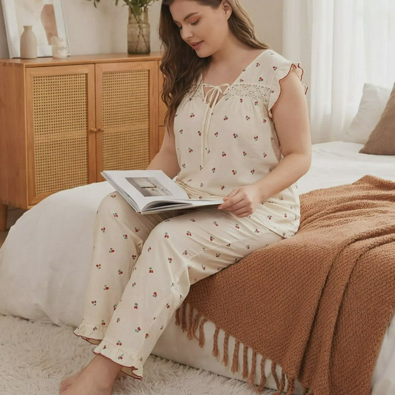 Ensemble pyjama à nœud floral doux - Beige - 4XL - image 0