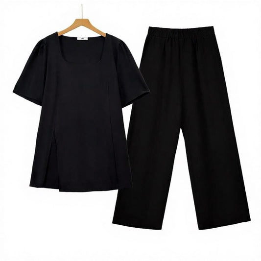 Ensemble pantalon deux pièces minimaliste à col carré et jambes larges - image 0