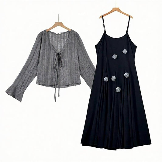 Ensemble robe deux pièces à application florale et nœud sur le devant - Noir - 6XL - image 0